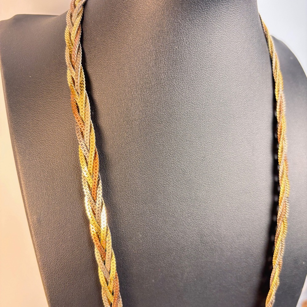 Vintage Braided Tricolor Herringbone Necklace Gold Silver Rose Mixed Metal Boho